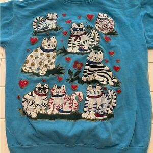 Women’s blue long sleeve cat sweatshirt size small top heart love geometric art